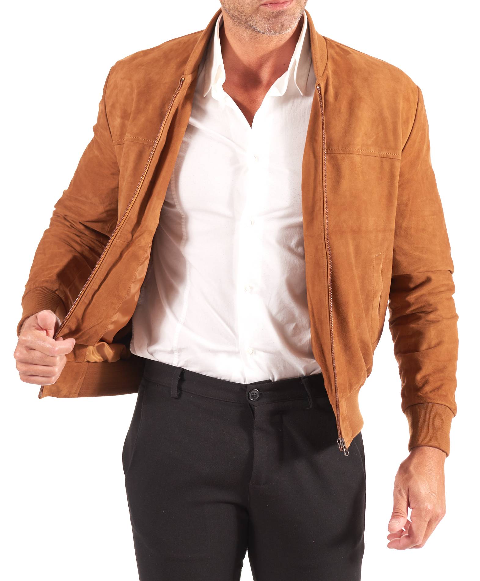 Bomber Pelle Scamosciata Cuoio Renna Uomo Giubbotto Vera