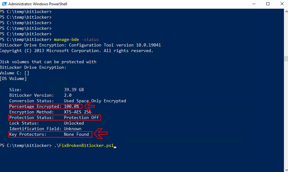 BitLocker state of encrypted, but no Key Protectors and Protection off