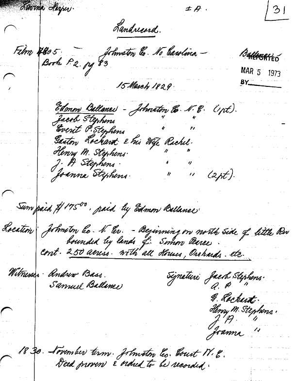 Land Records Johnston Co, NC William and Rebecca Ballance 1855