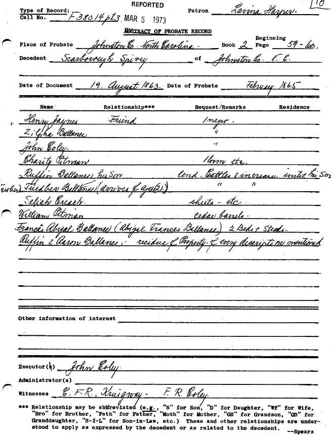 Ballance names probate records Smith Harper