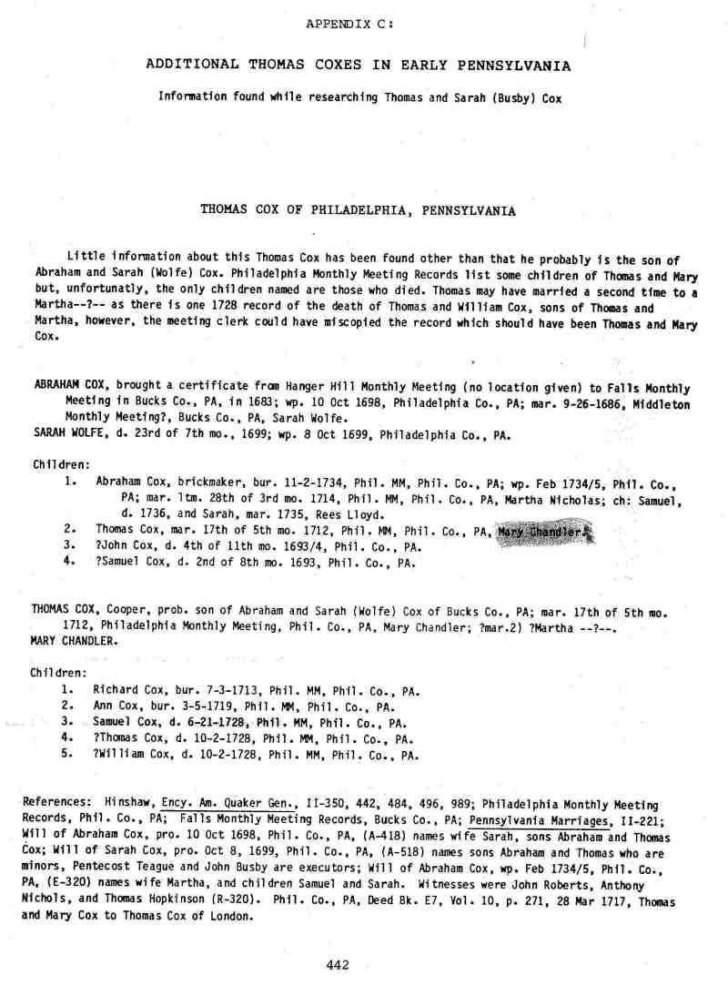 A Cox Family History from Thomas Cox 16941762 of Gloucester, England