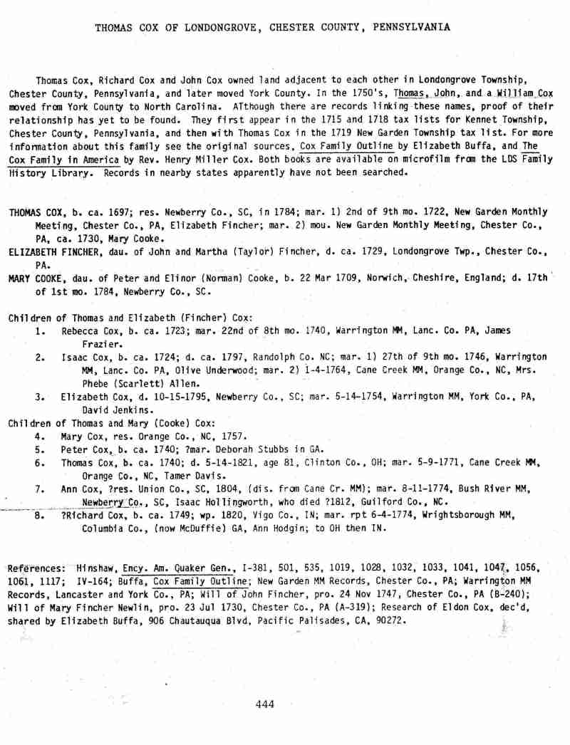 A Cox Family History from Thomas Cox 16941762 of Gloucester, England