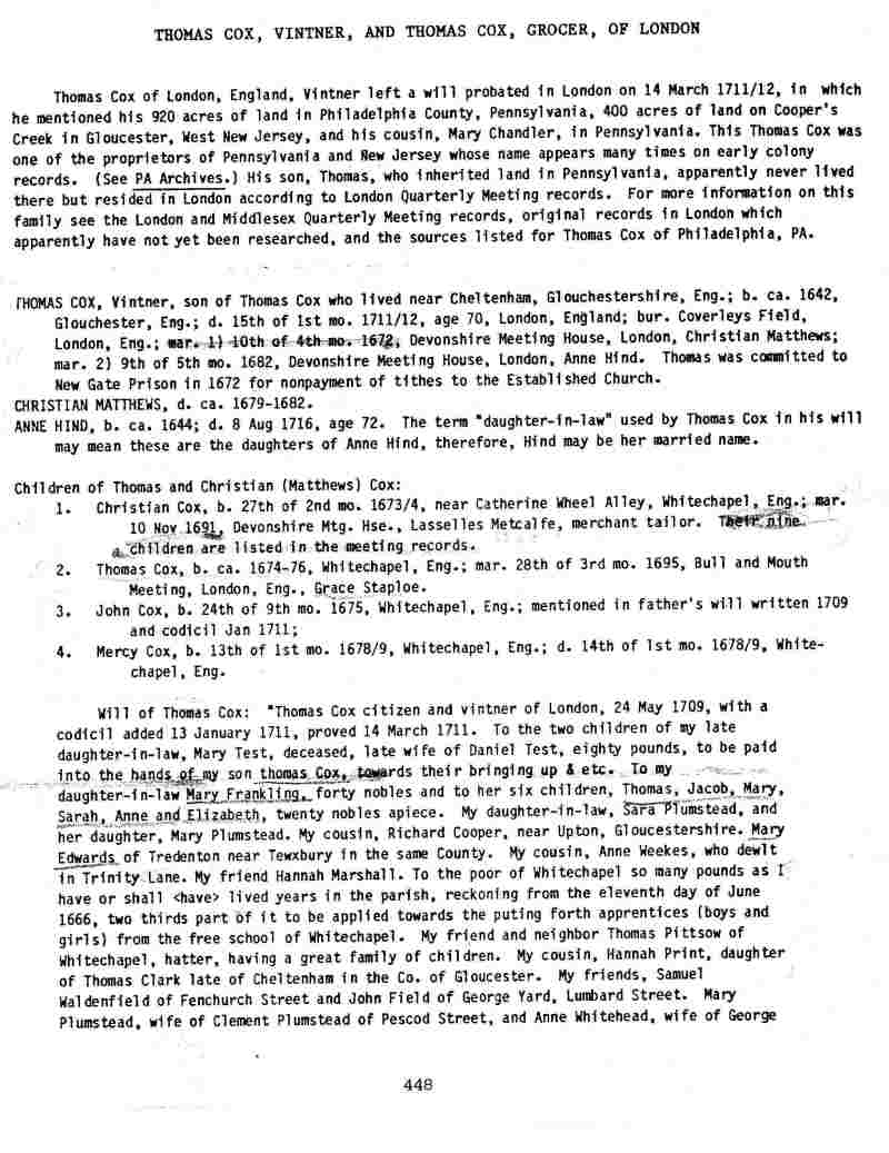 A Cox Family History from Thomas Cox 16941762 of Gloucester, England