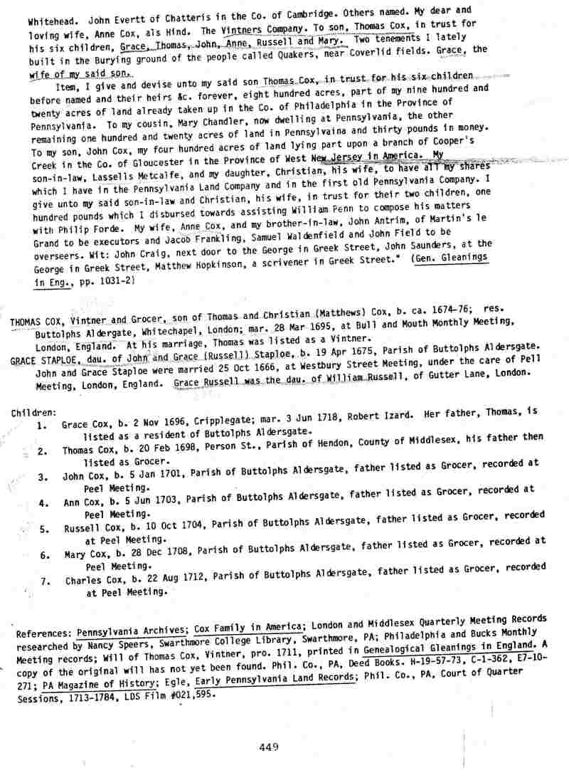 A Cox Family History from Thomas Cox 16941762 of Gloucester, England