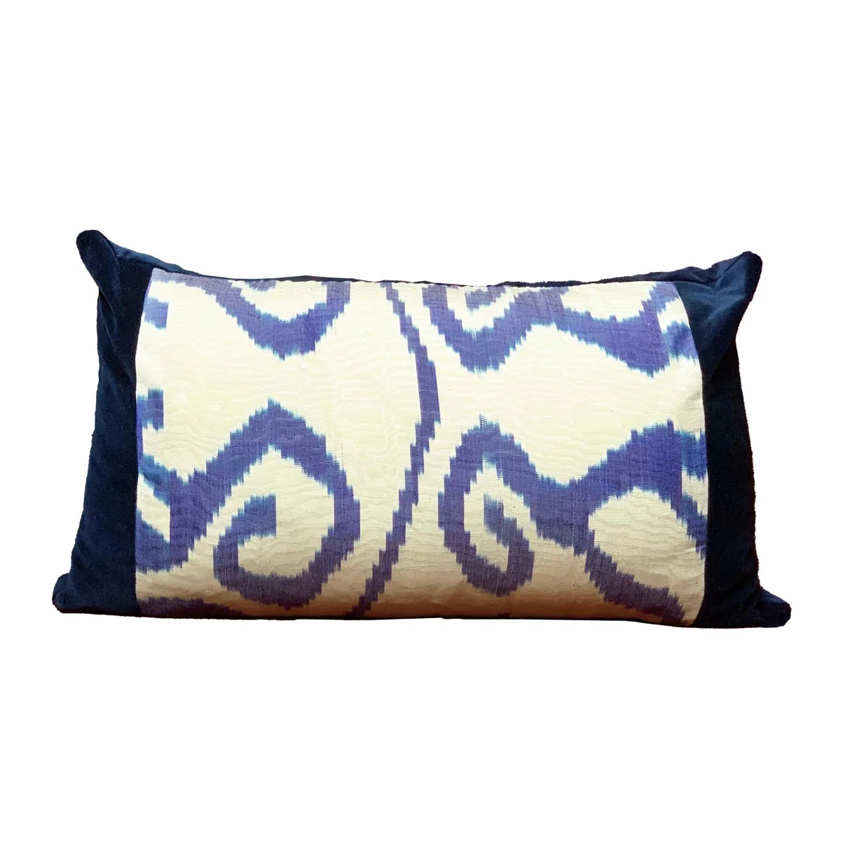 Handmade OneofaKind Navy Velvet Lumbar Woven Ikat Pillow with Vinta