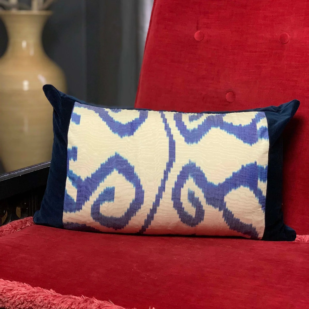 Handmade OneofaKind Navy Velvet Lumbar Woven Ikat Pillow with Vinta