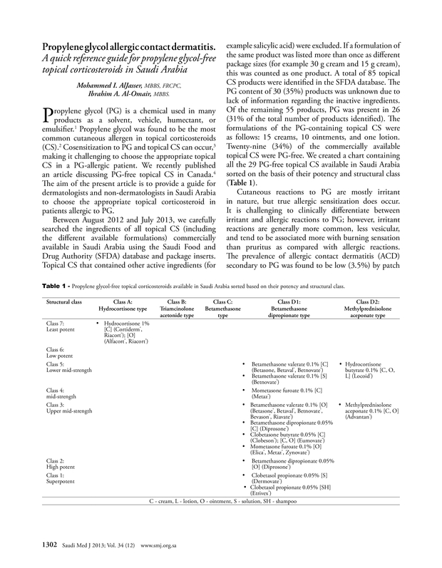 Propylene glycol allergic contact dermatitis Saudi Medical Journal