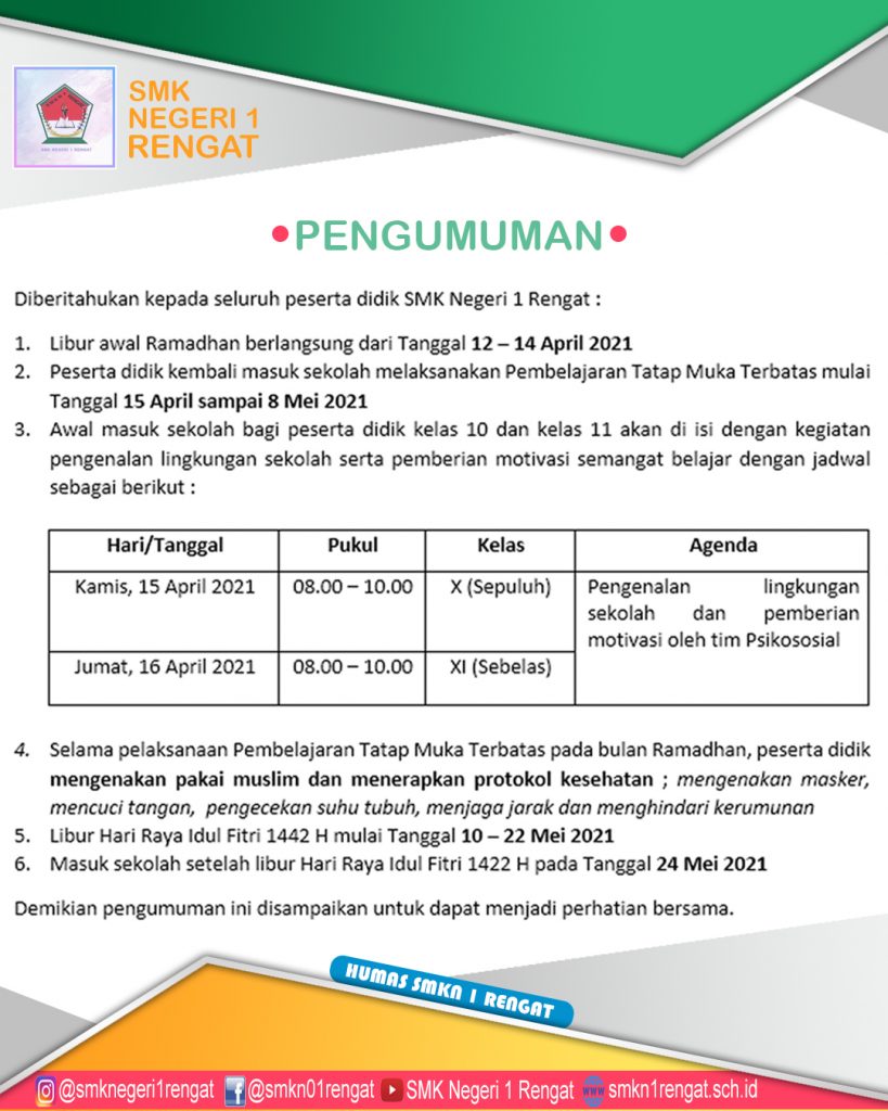Jadwal dan Ketentuan Pembelajaran Tatap Muka Kelas X dan XI SMKN 1 Rengat