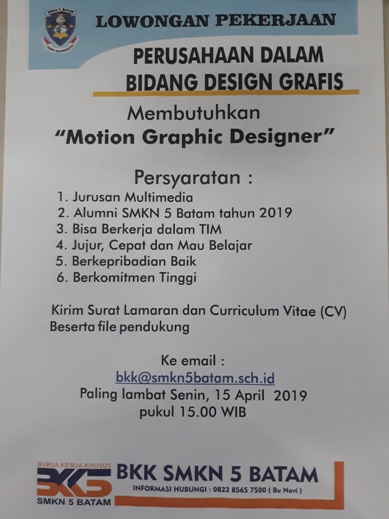 Loker Perusahaan Bidang Design Grafis Untuk Alumni Multimedia SMKN 5 Batam  tahun 2019 – SMK NEGERI 5 BATAM