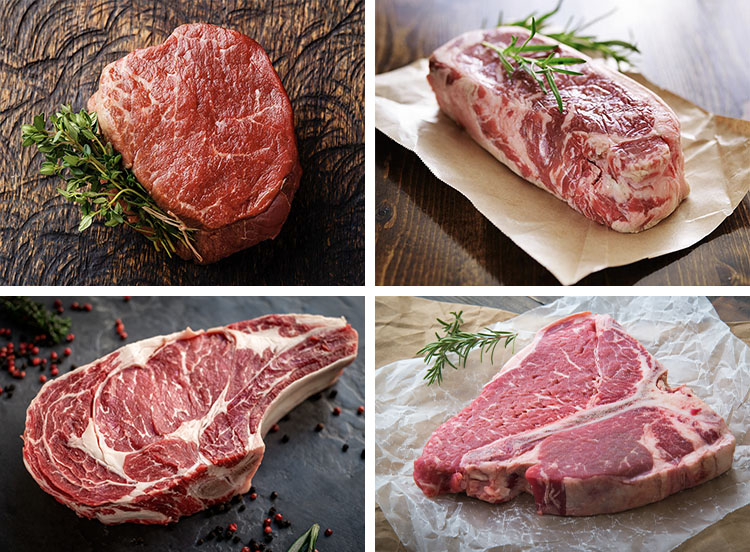 Filet mignon, new york strip, porterhouse and ribeye steak cuts