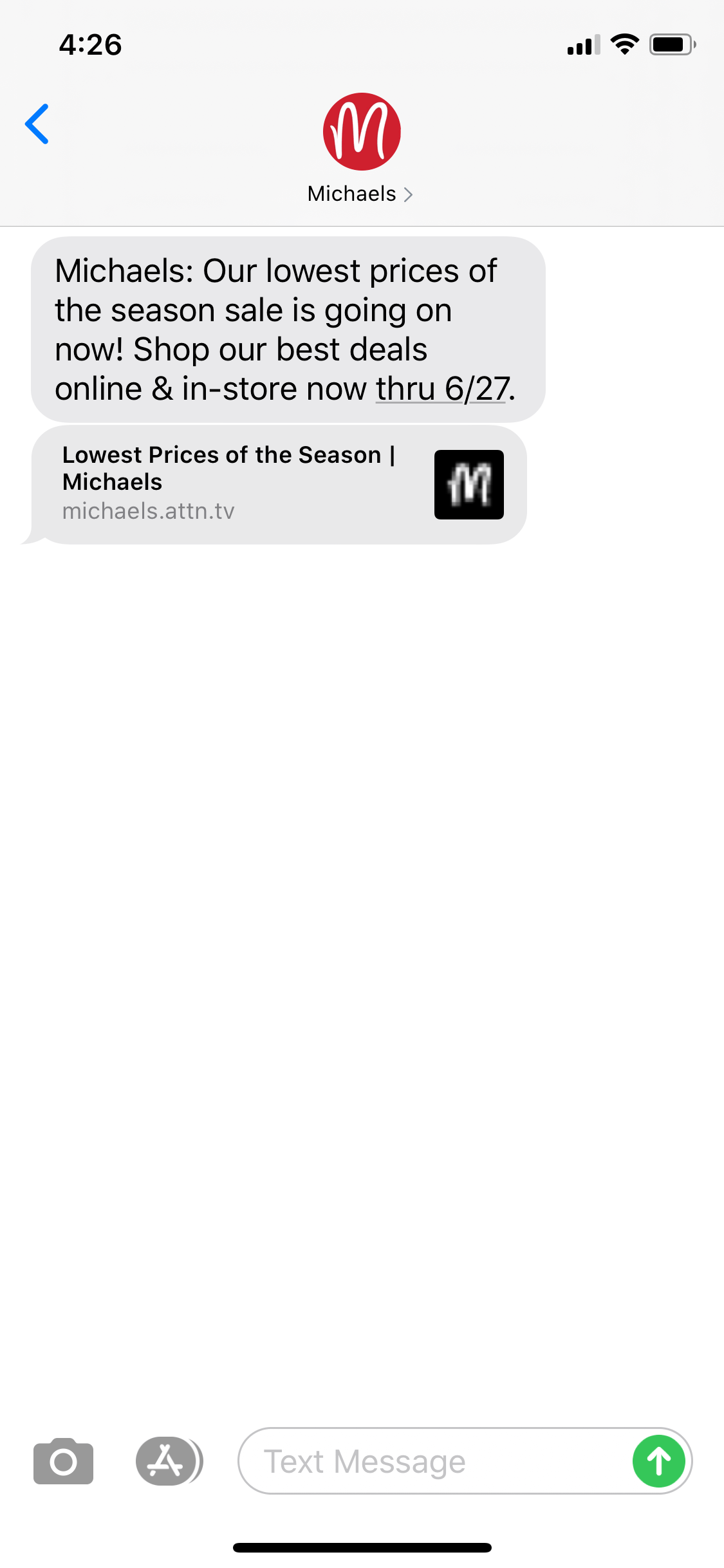Michaels Text Message Marketing Example 06.20.2020 SMS Archives