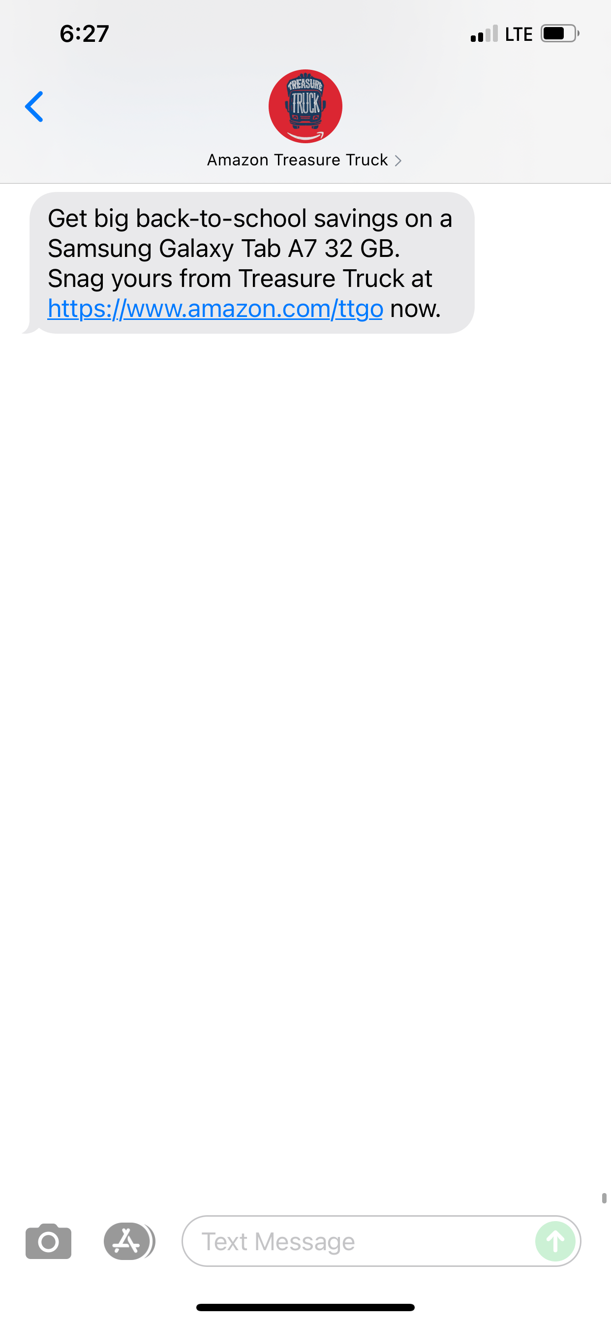Amazon Treasure Truck Text Message Marketing Example 08.18.2021 SMS