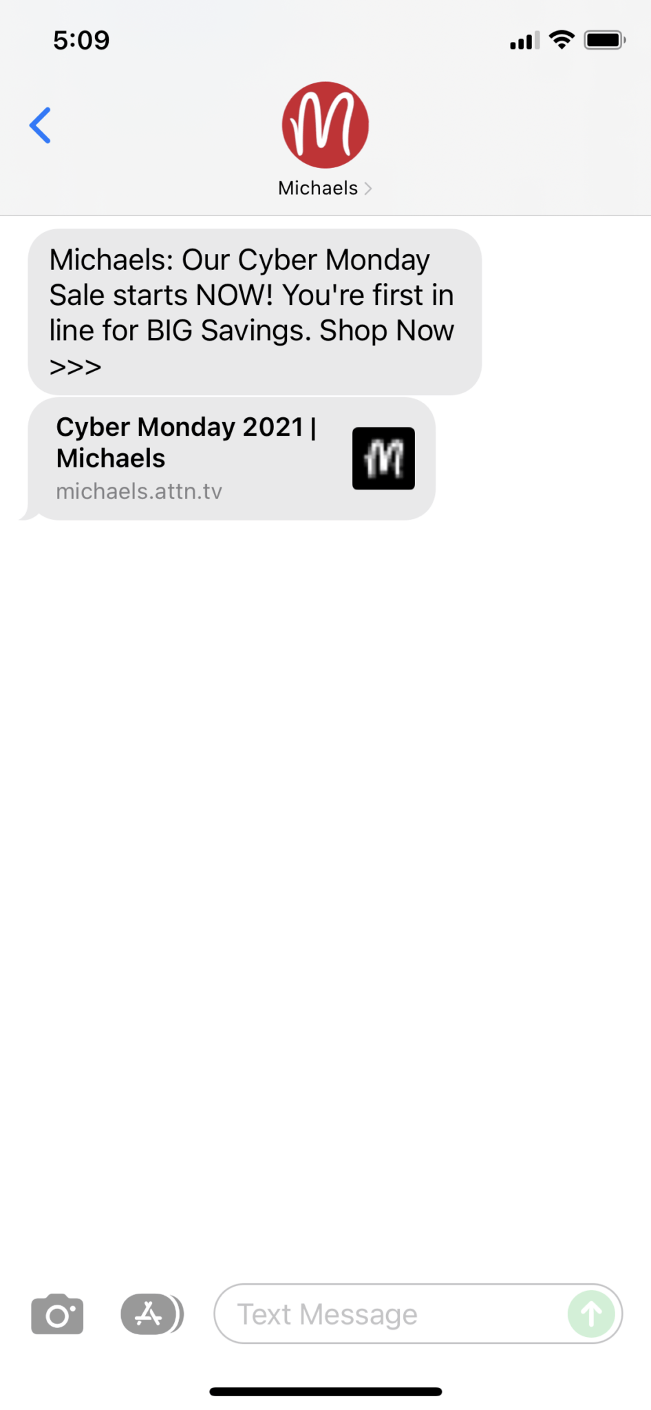 Michaels Text Message Marketing Example 11.28.2021 SMS Archives