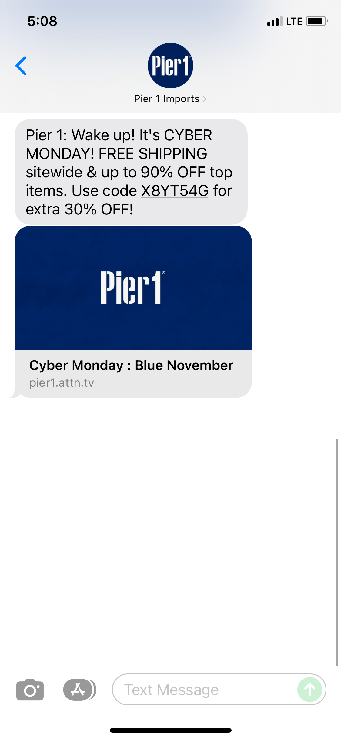 Pier 1 Text Message Marketing Example 11.29.2021 SMS Archives