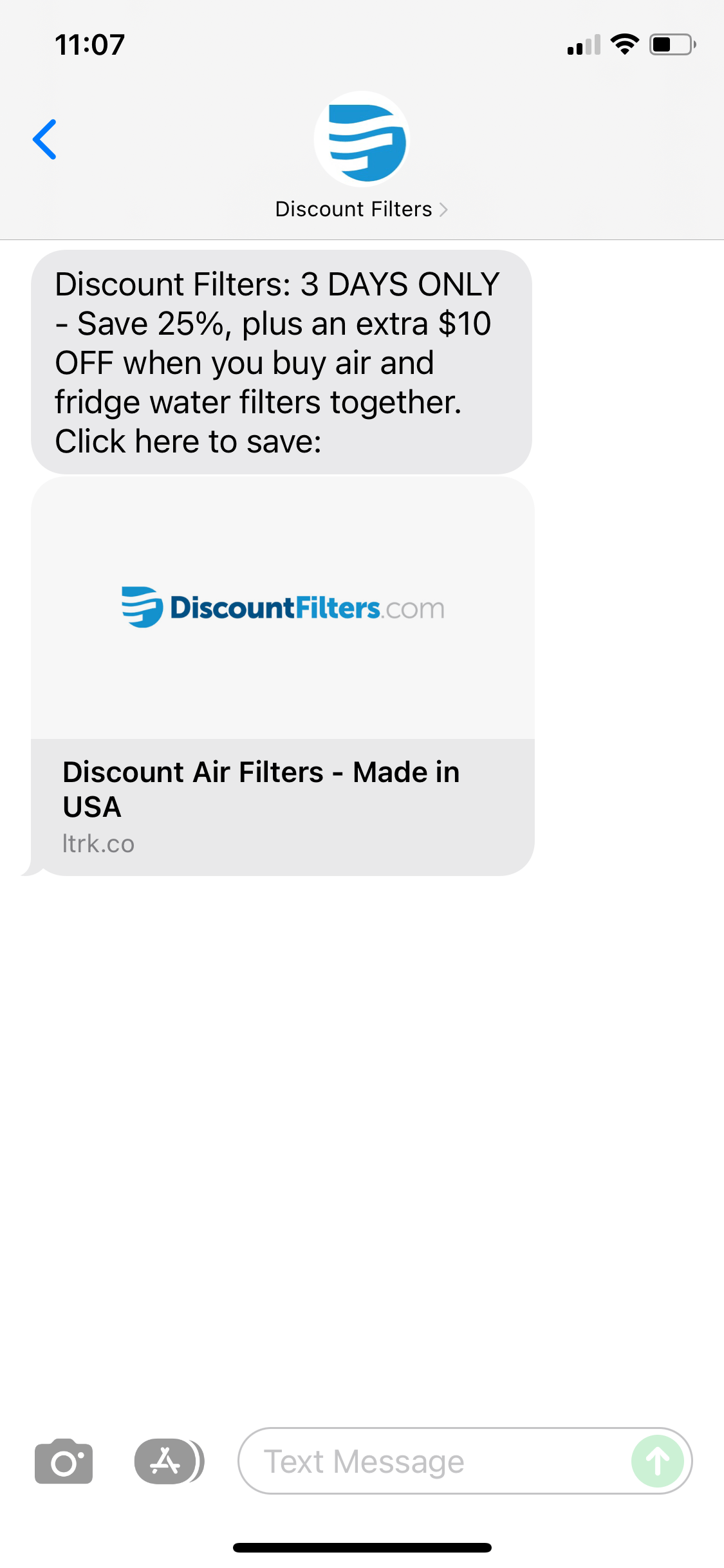 Discount Filters Text Message Marketing Example 12.23.2021 SMS Archives