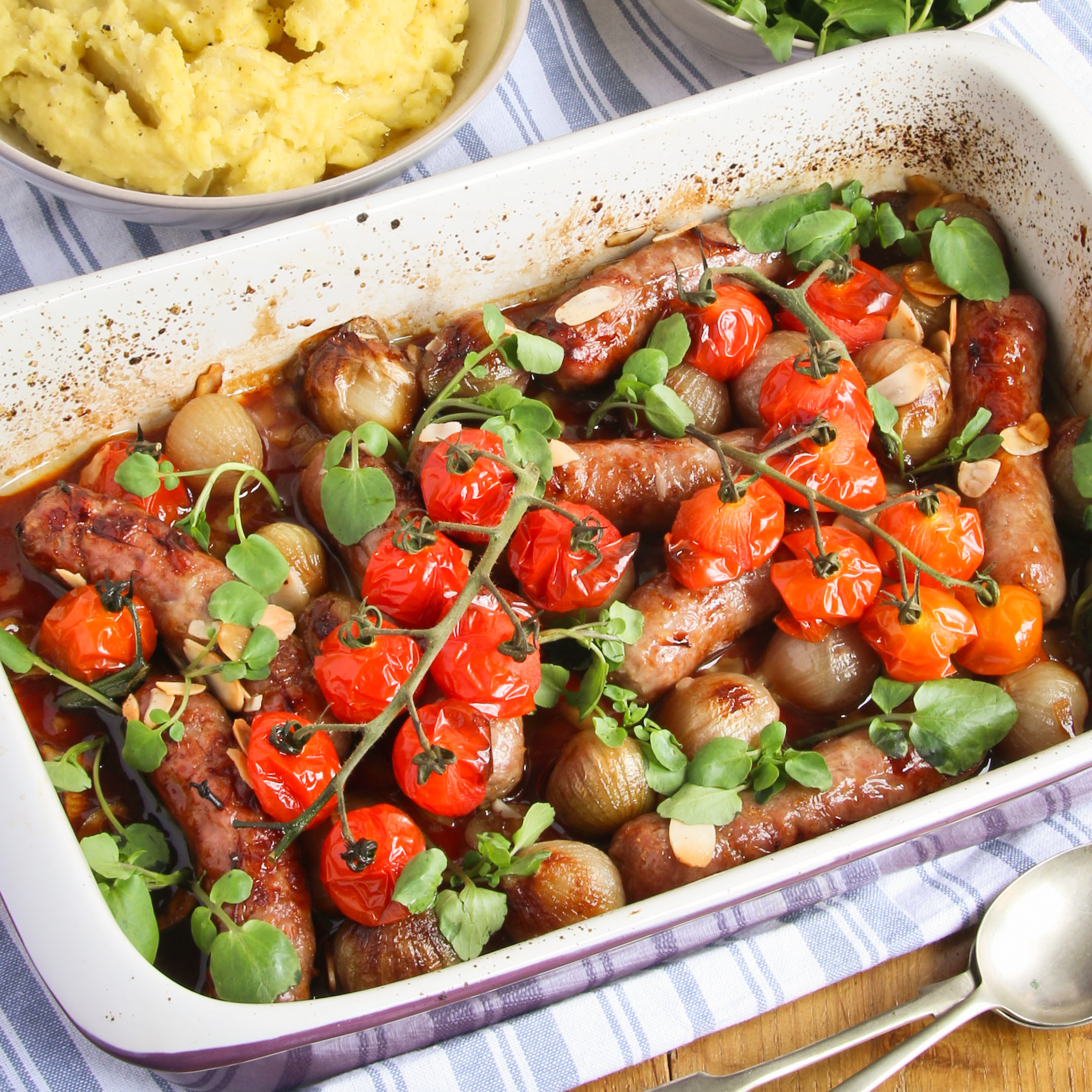 Honey and Soy Glazed Roasted Shallots and Sausages snacktothefuture