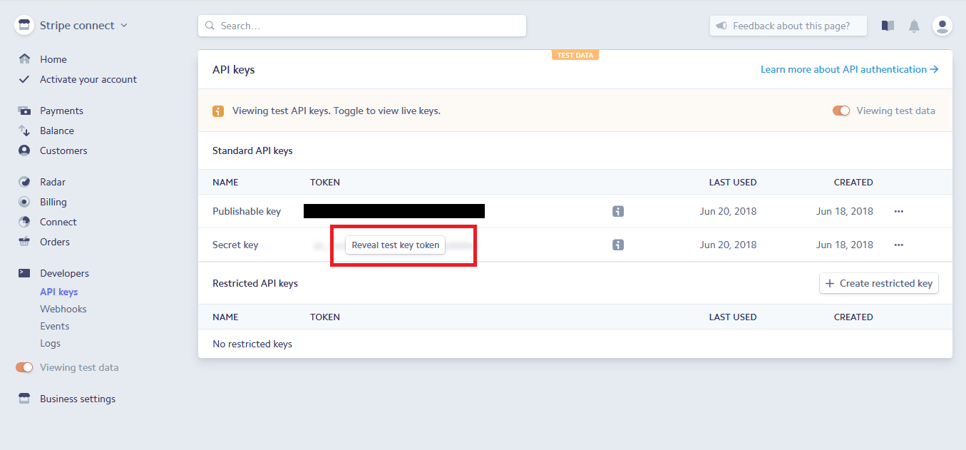 Step 5 Click on Reveal Test Key Token button