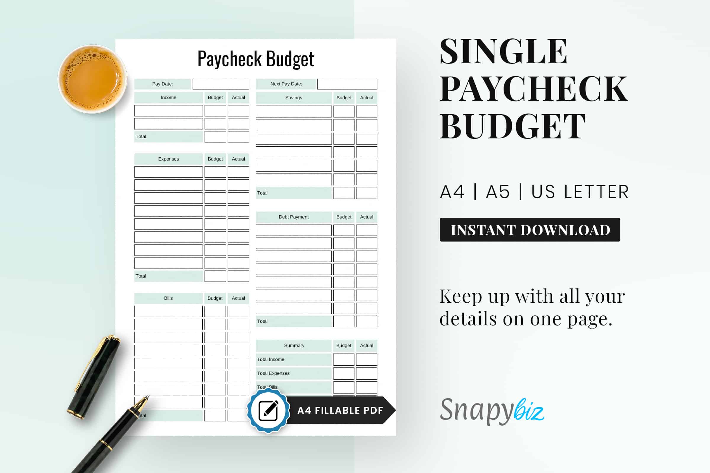 Paycheck Budget Printable Planner PDF