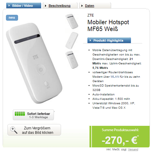 Vodafone Mobile Flat 21,6 MBit/s mit 3 GB Datenvolumen für