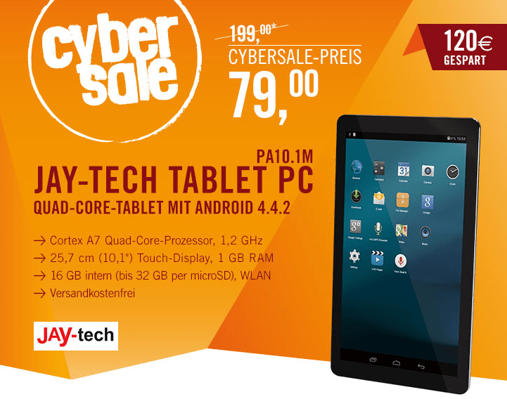 Cybersale! Jaytech Tablet PC PA10.1M 16 GB WiFi Android 4.4 silber für nur 79, Euro inkl