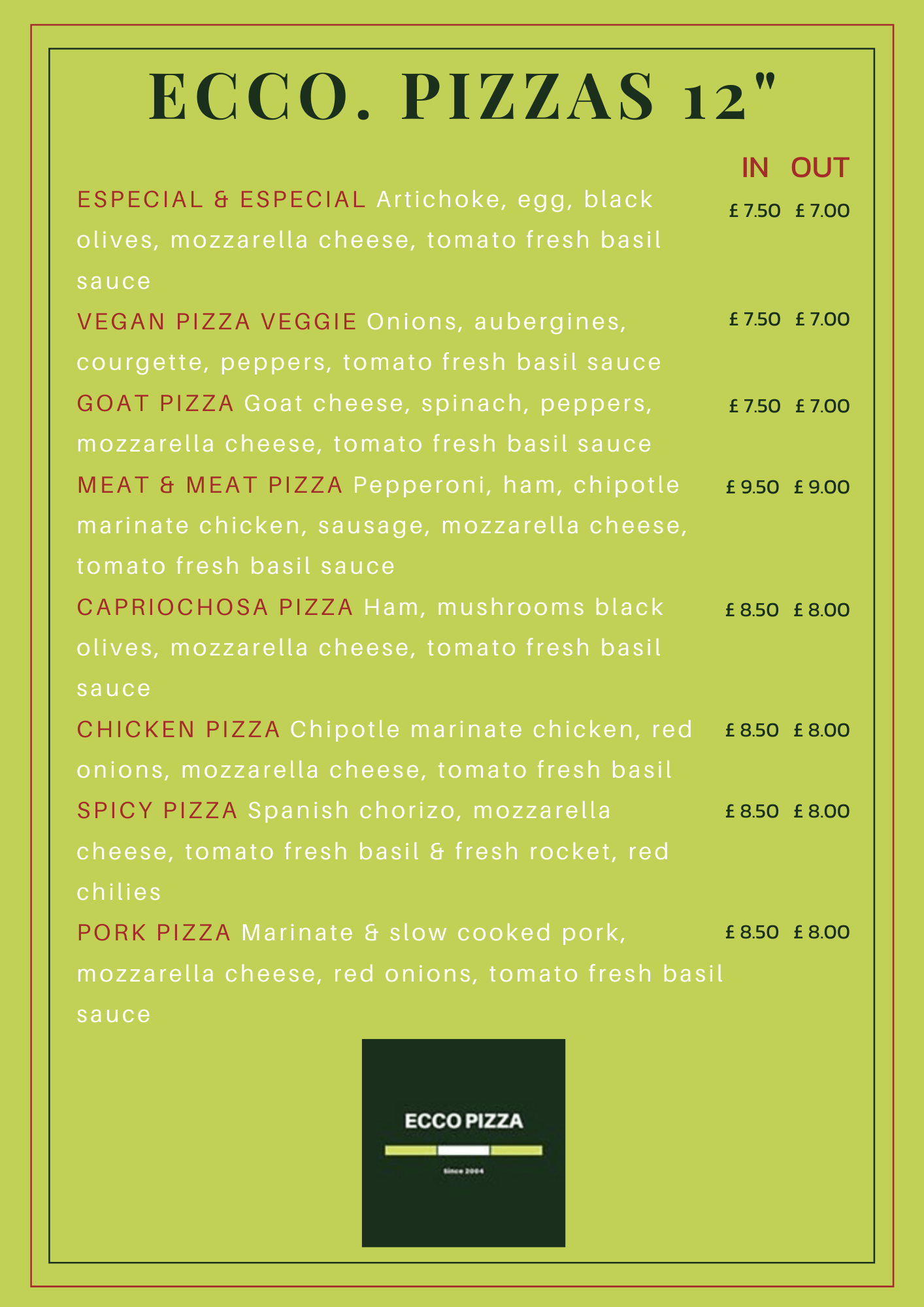 ECCO PIZZA Food Menu (1) Snob Monkey Ltd