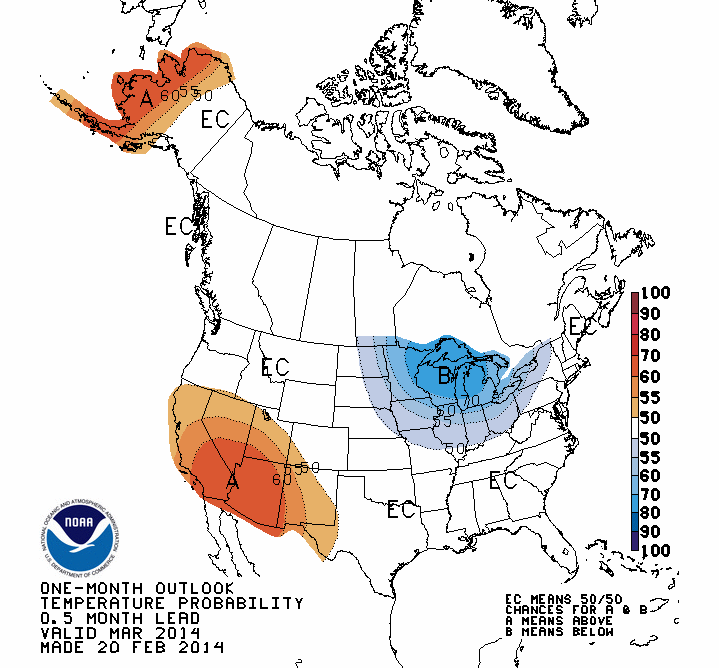 Average Temperatures In March Across The Usa Map NOAA's Forecast for March 2014 in the USA SnowBrains
