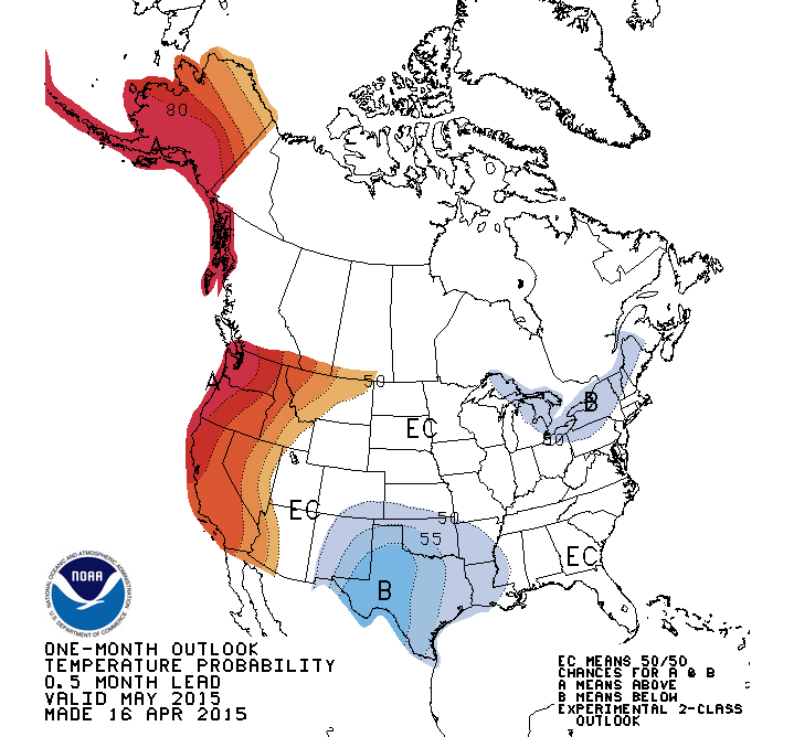 NOAA's outlook for May 2015 showing above average temperatures in the