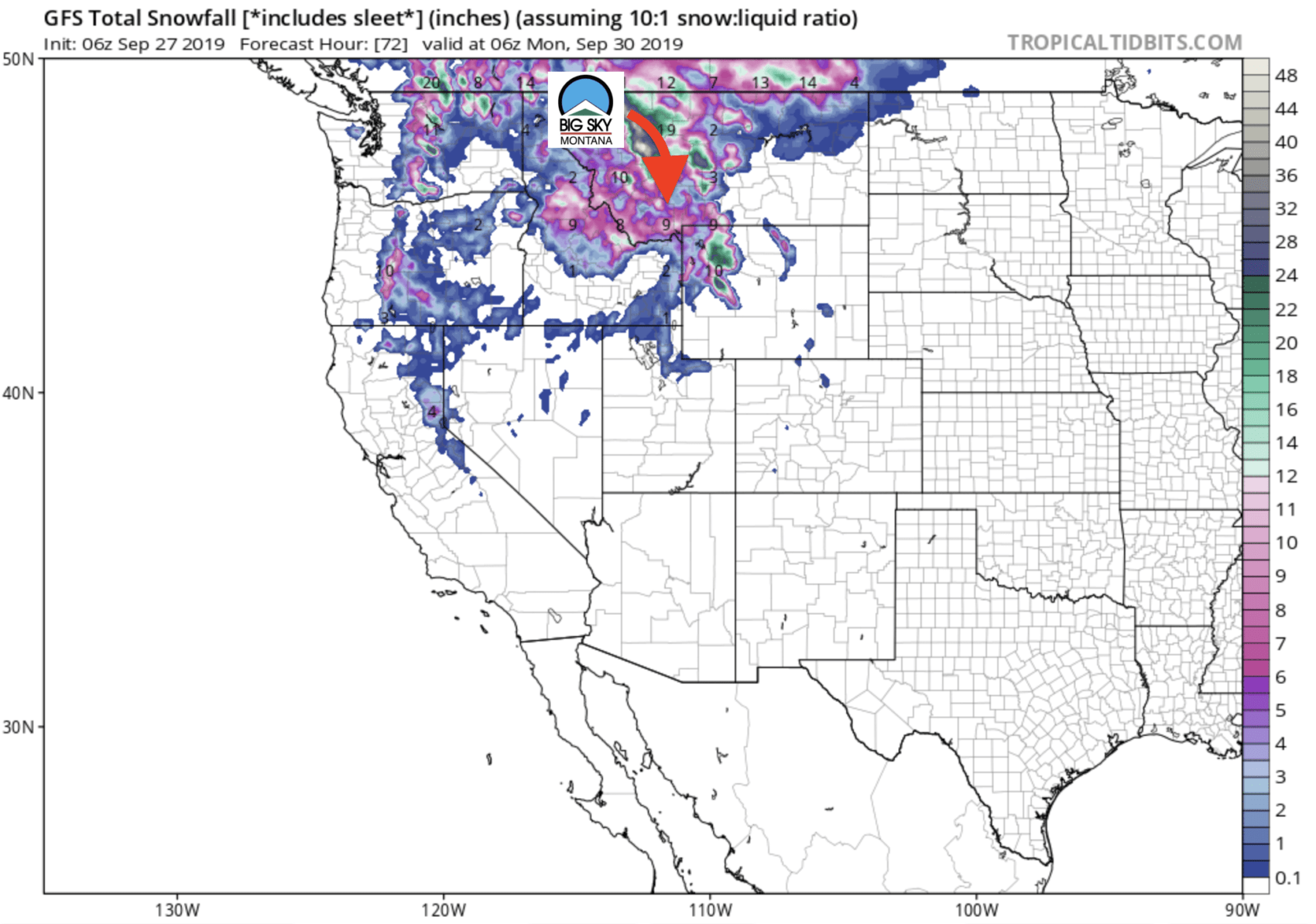 NOAA Winter Storm Watch for Big Sky, MT 616+" of Snow Forecast