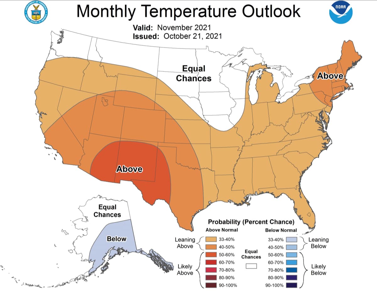 NOAA November 2021 Outlook Warmer than Normal For Most of Country and