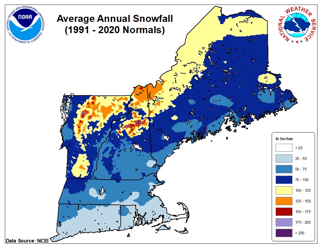 National Weather Service Map Shows Average Annual Snowfall for Northeast SnowBrains