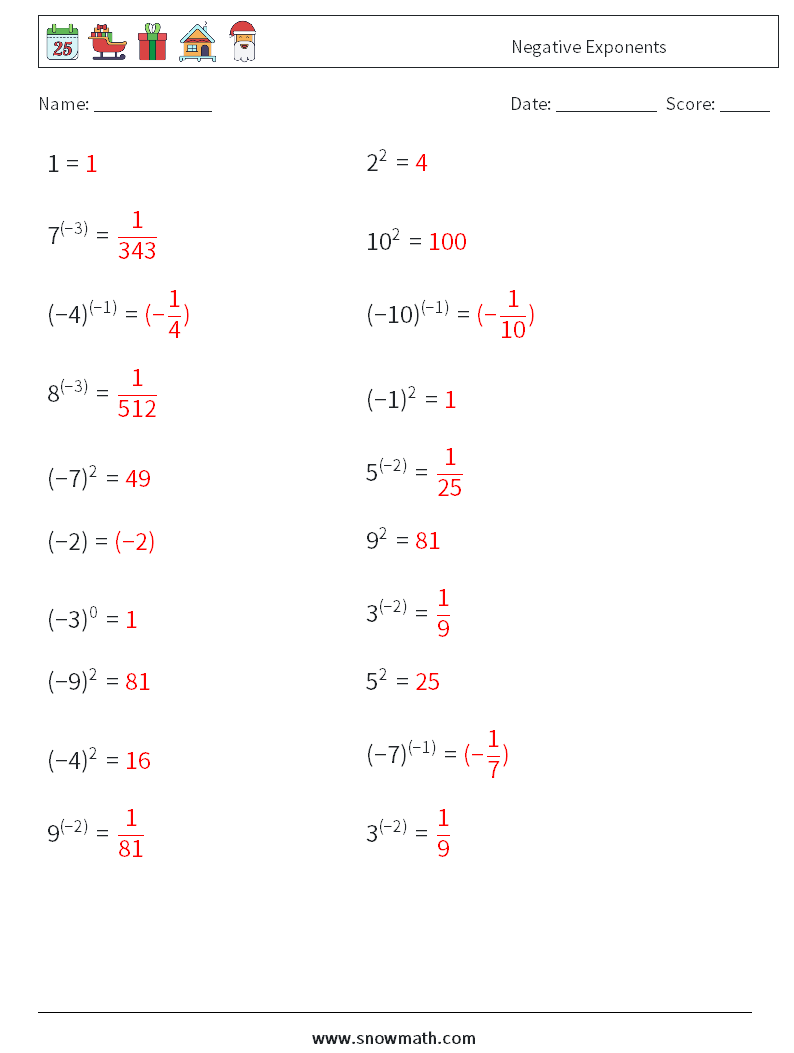 negative exponents Math Worksheets 1Math Worksheets, Math Practice for