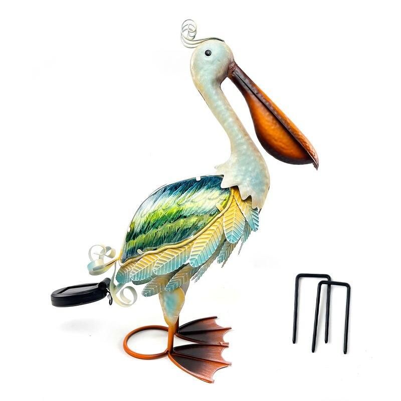 SolarPowered Metal Pelican Garden Sculpture with LED Light