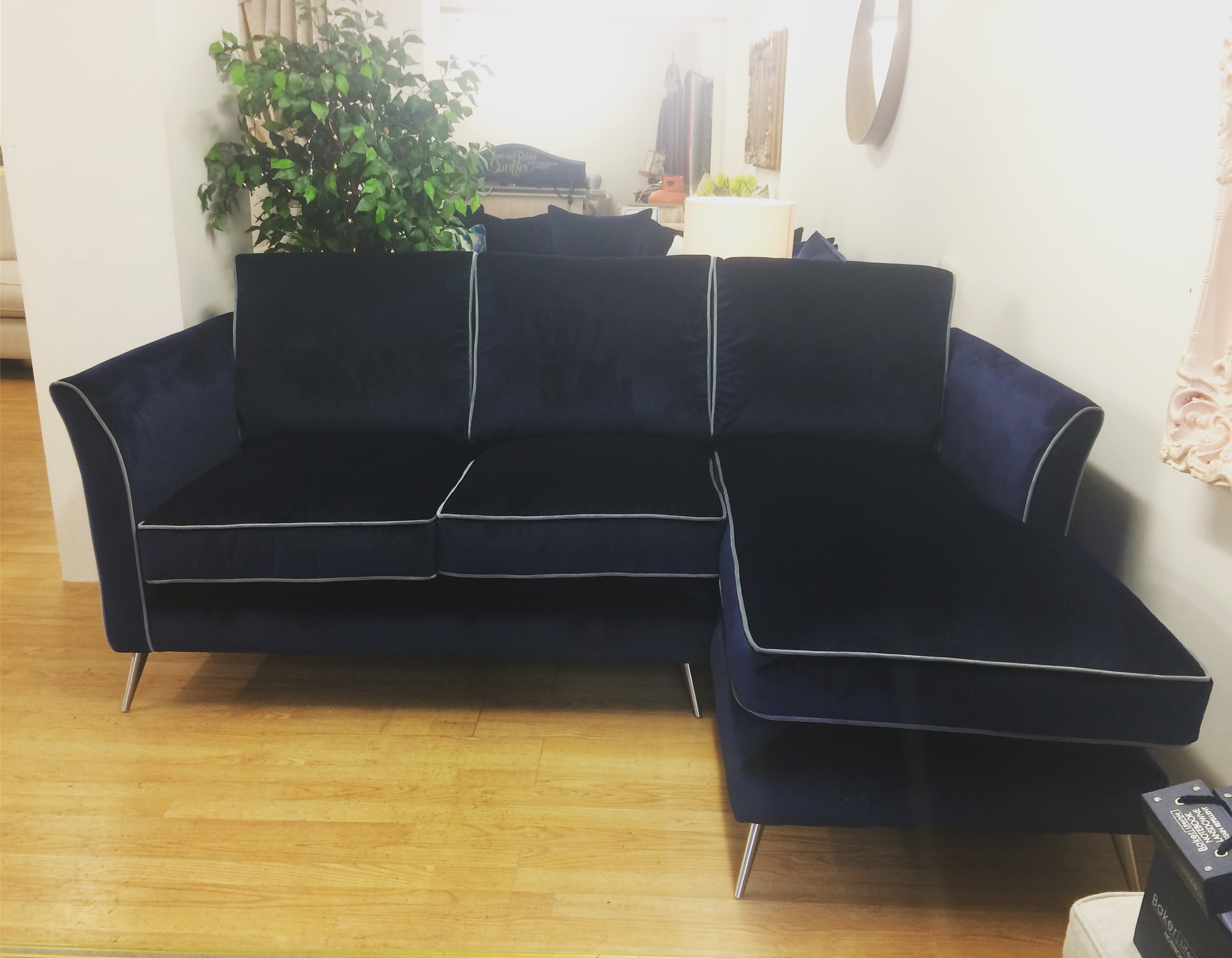 Navy “Bob” Sofa with extended seat and contrast piping. Sofa So Good