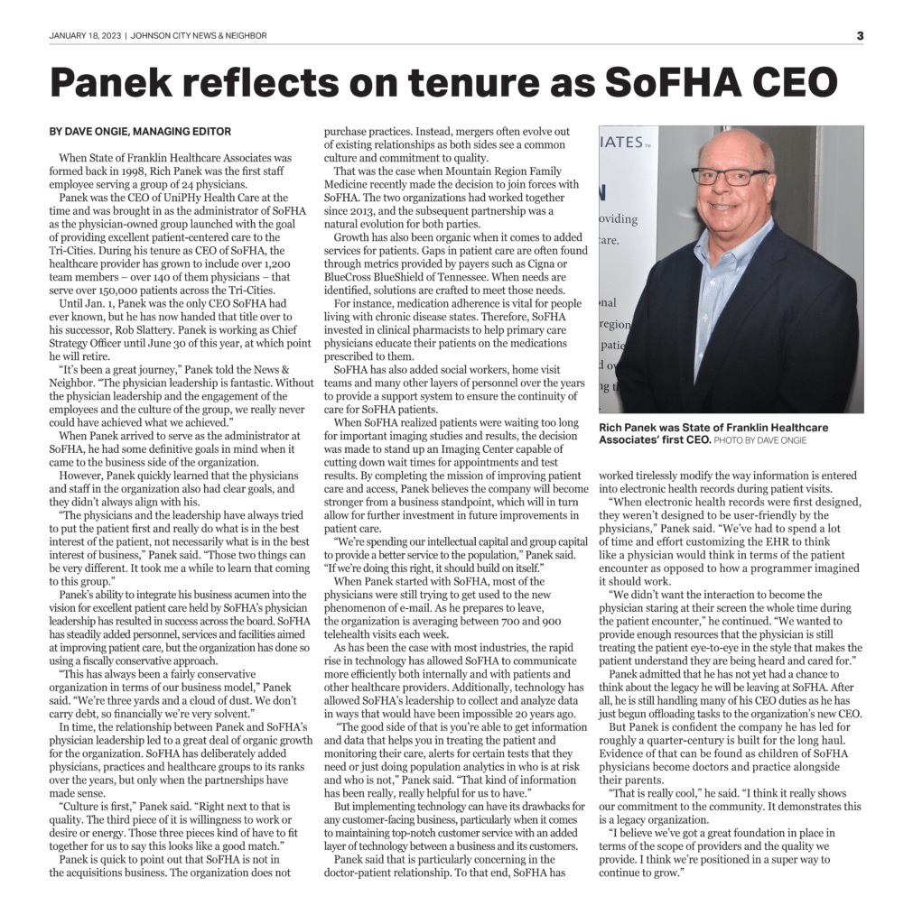 Rich Panek Featured in TriCities Business Journal and Johnson City