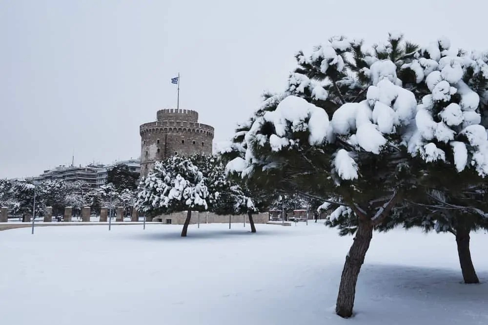 Greece Thessaloniki View of the White Tower, during a snowy winter
