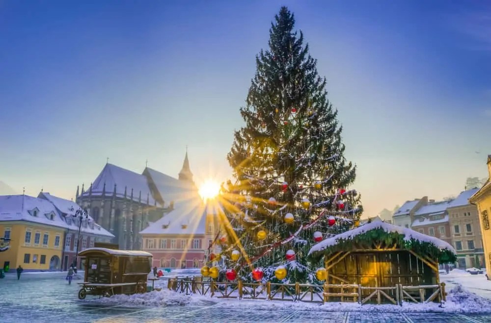 Romania Brasov Sunset light over the adorned Christmas tree, in the