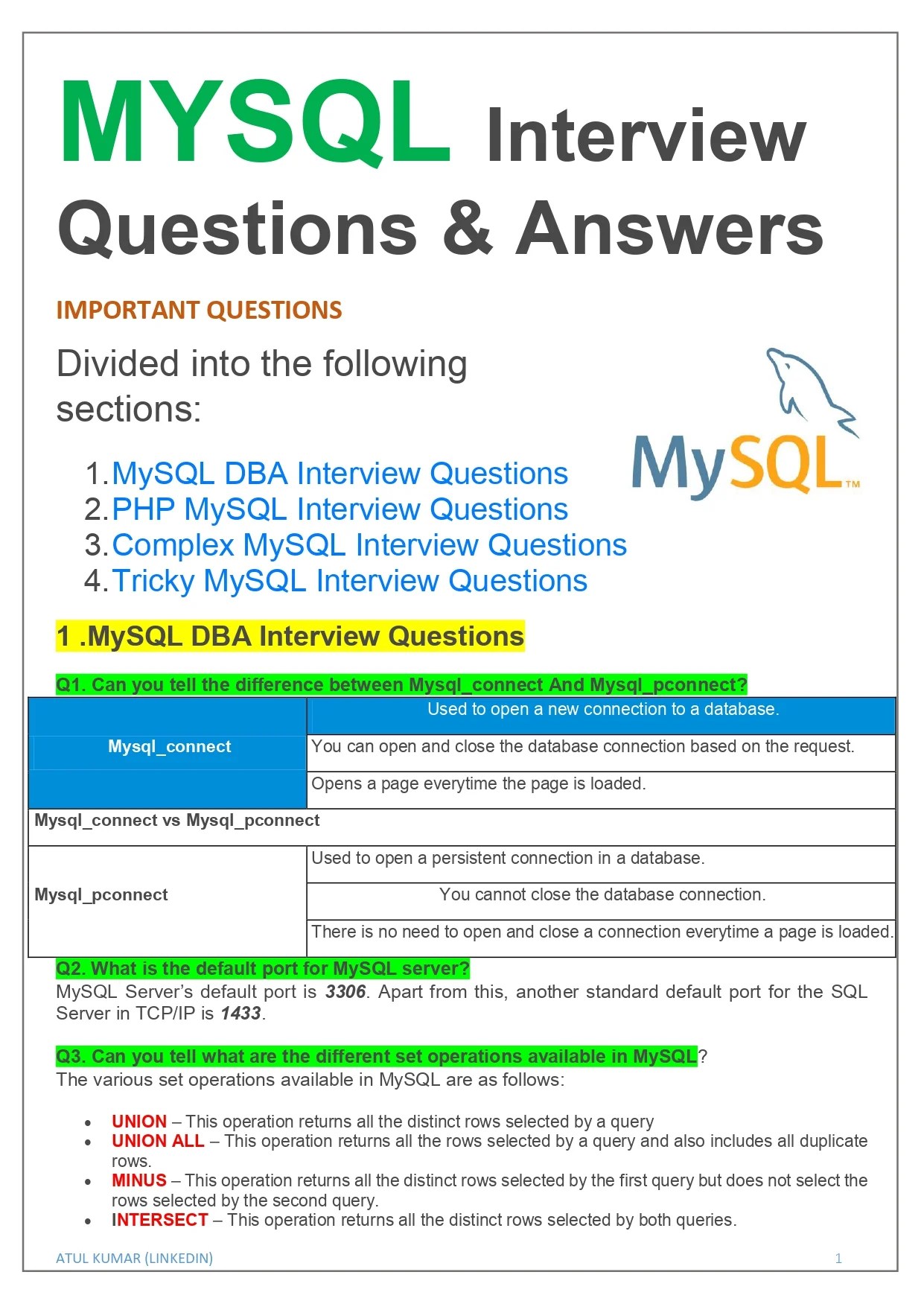 MYSQL Interview Questions and Answers PDF Connect 4 Techs
