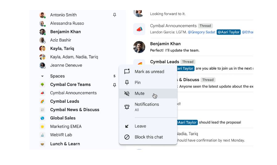 Manage conversations by muting notifications in Google Chat