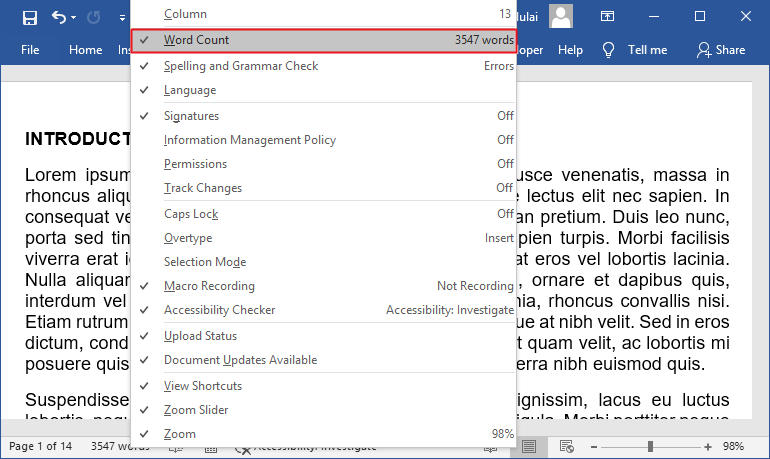 Count Characters in MS word Software Accountant