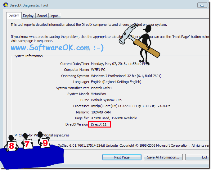 How can I see the installed version of DirectX on my Win7 Computer?