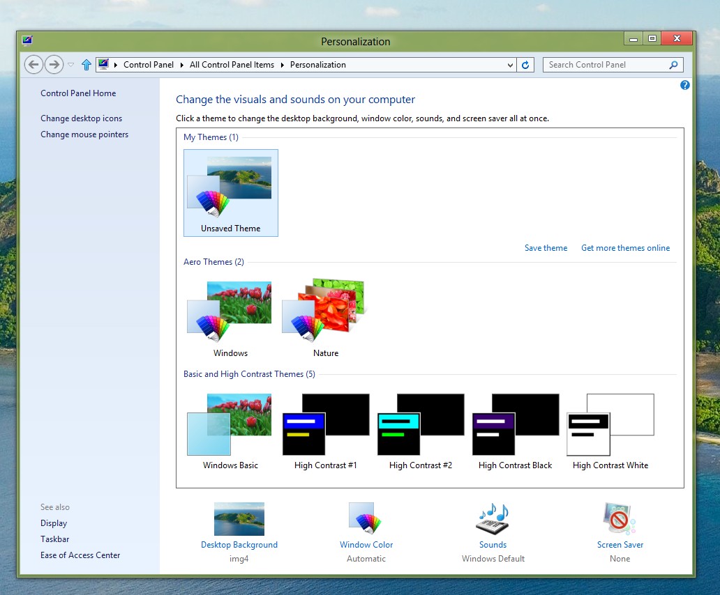 Screenshot of Windows 8 Control Panel Personalization Software