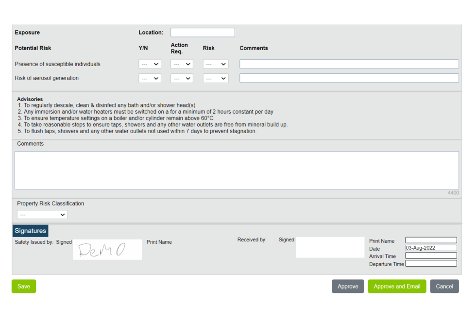 Legionella Risk Assessment App Records