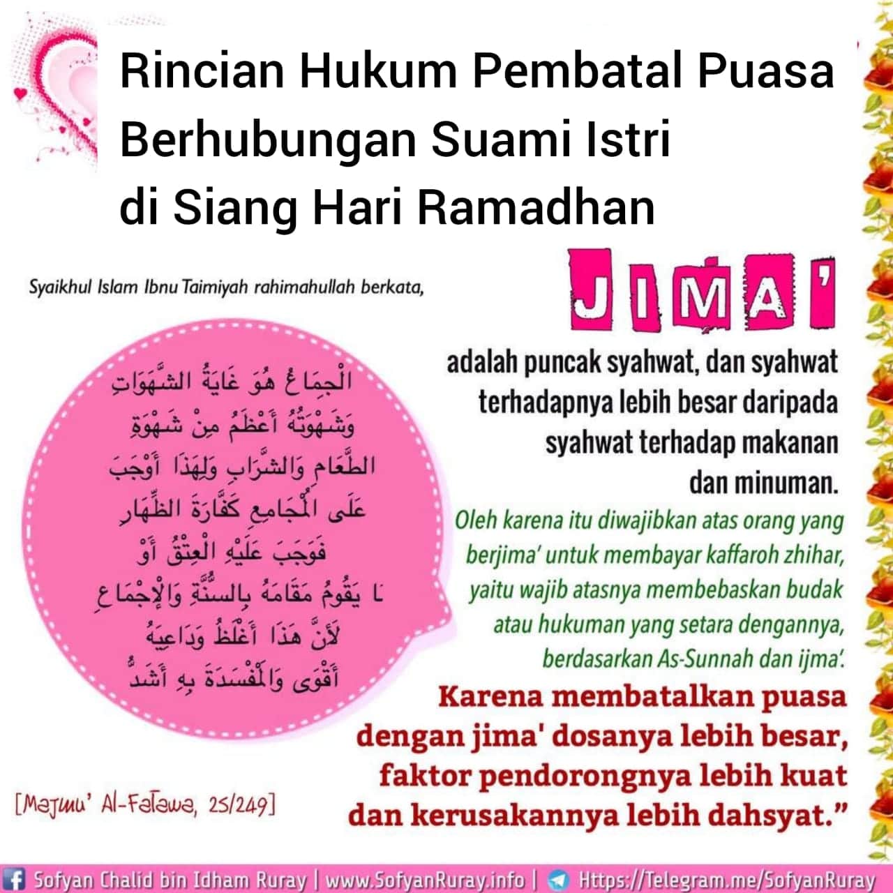 Rincian Hukum Pembatal Puasa Berhubungan Suami Istri di Siang Hari Ramadhan  - Artikel Sofyan Chalid bin Idham Ruray