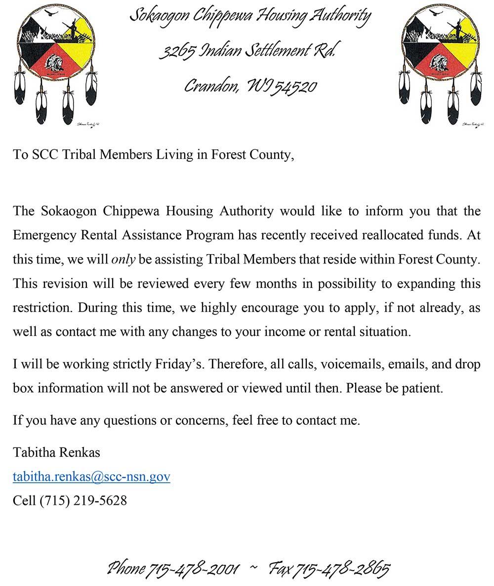 Emergency Rental Assistance Program Sokaogon Chippewa Community