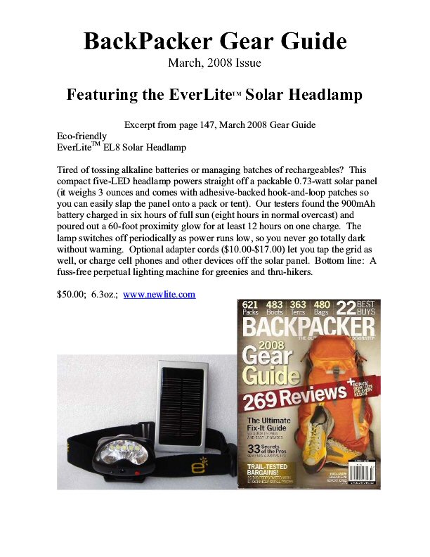 Backpackers Magazine Gear Guide 2008 Award Solar Powered LED Headlamp