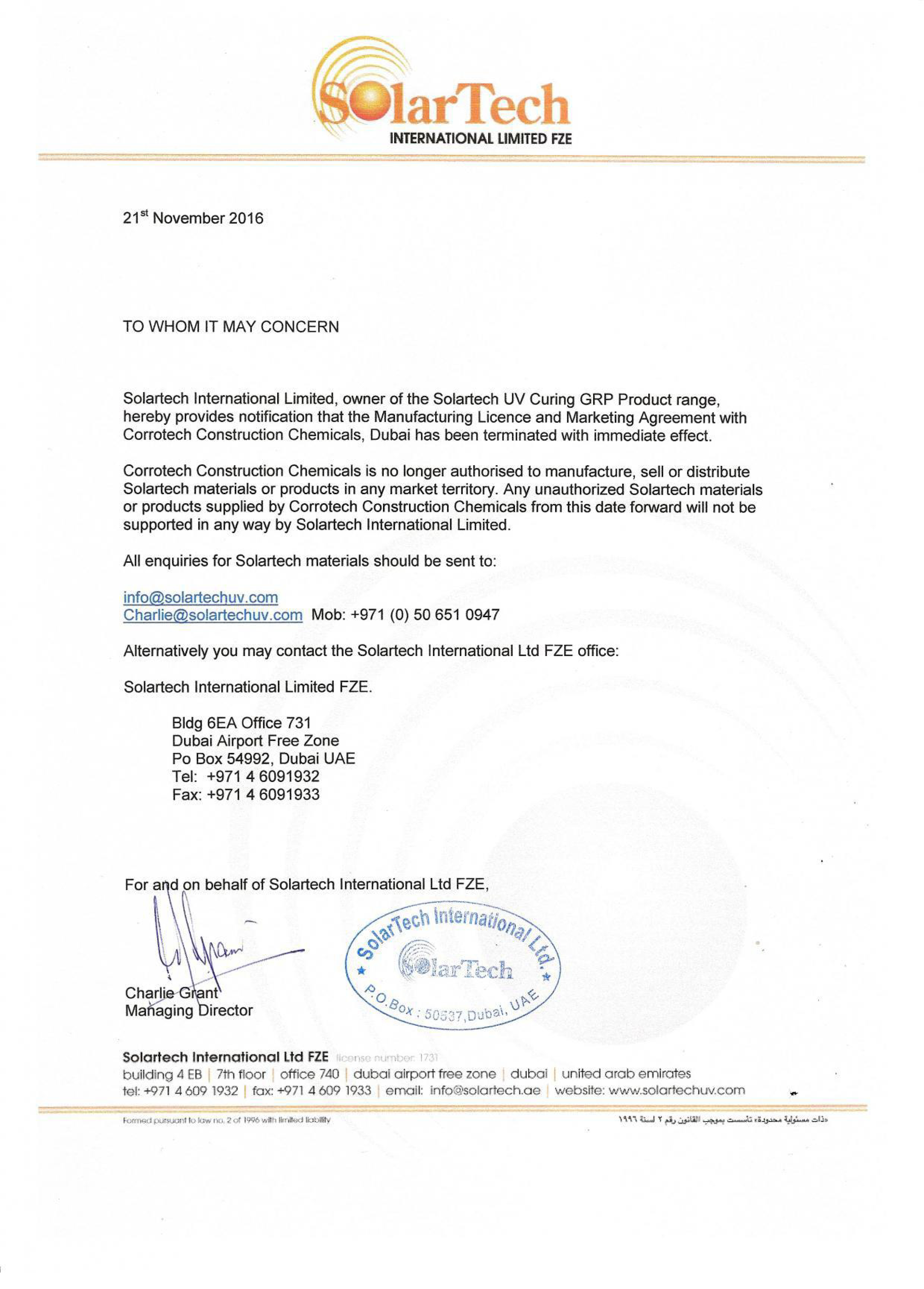 Solartech International Ltd License manufacturing