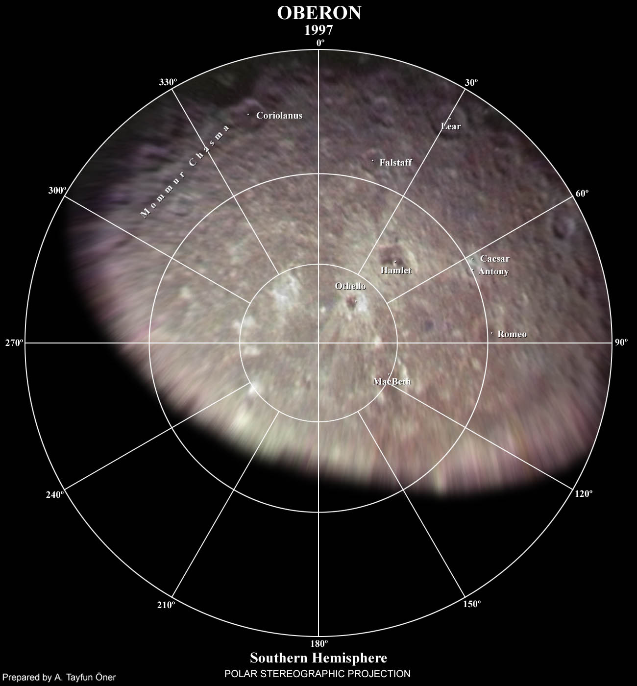 Polar Stereographic Map of Oberon