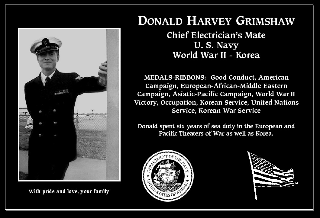 Chief Petty Officer Donald Harvey Grimshaw Mt. Soledad Virtual Plaque