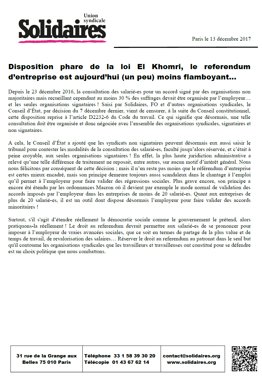 Disposition phare de la loi El Khomri, le referendum d