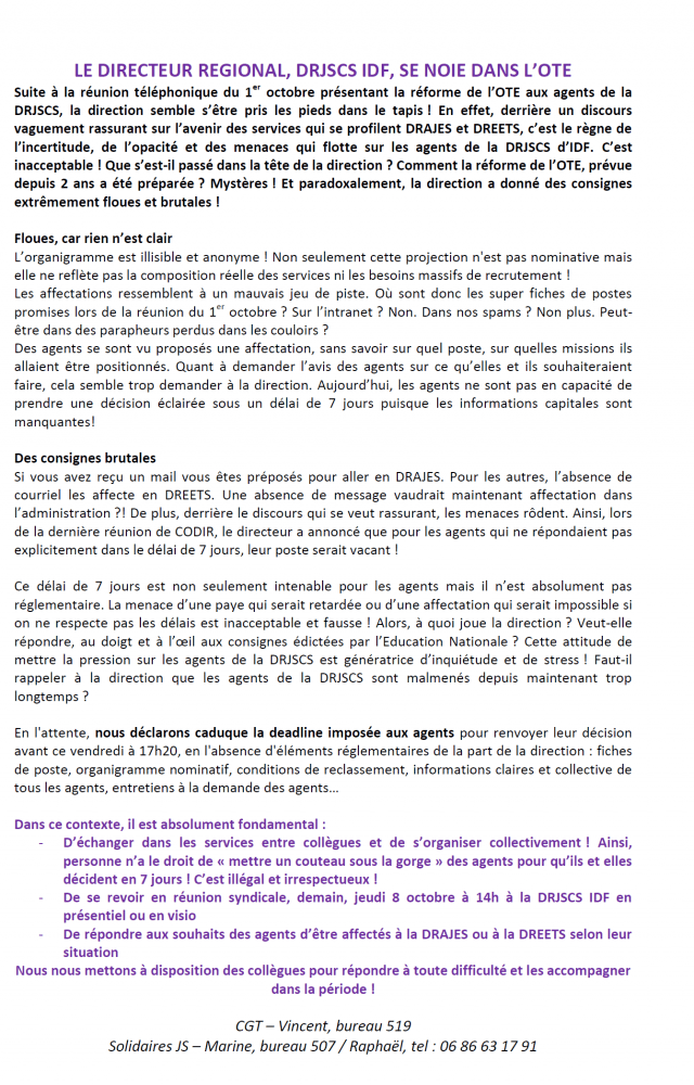 LE DIRECTEUR REGIONAL, DRJSCS IDF, SE NOIE DANS L’OTE
